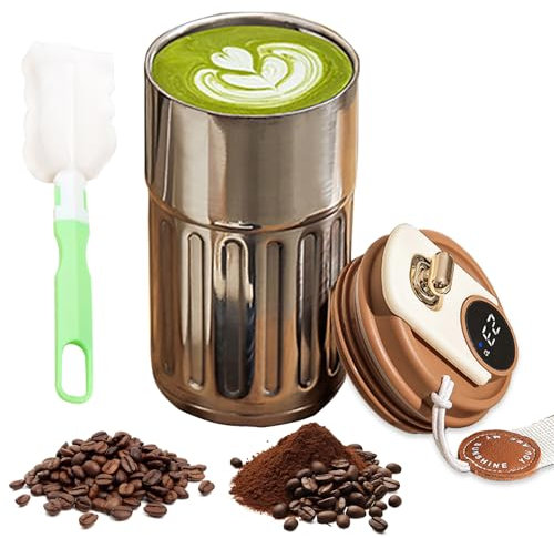 Termo Cafe Pequeño, 450ml Vaso Termo Cafe para Llevar, Taza Termica con Indicador LED de Temperatura, Taza Termo Cafe para Llevar con Tapa, Vaso Termico Cafe, Sin BPA (Plata con Café)