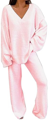 Ensembles De Pyjama Femme Hiver Pyjama à Manches Longue 2 Pièces Pantalon à Taille Élastique Haut Tricot Vêtement de Nuit Doux Vêtement d'Intérieur Sleepwear Grande Taille Chic et (Pink, XXXL)