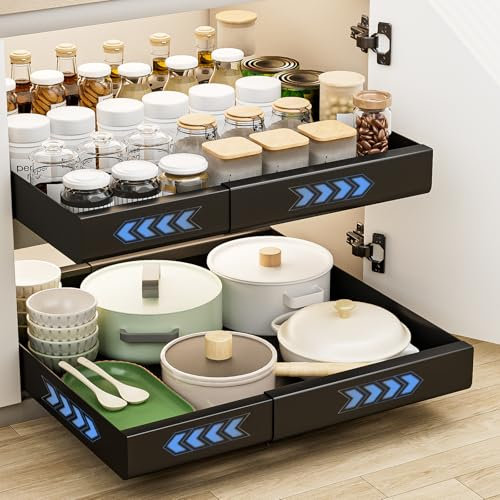 Carastek 2 Stück Teleskopschublade Ausziehbare Schublade Küche Schubladen Küchenschrank Organizer Küche mit Klebestreifen Ausziehbar Schrank Organizer Kein Bohren Expandierbare Breite (D)