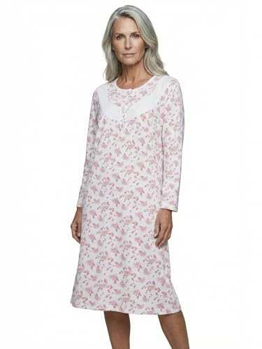 Tidlöst nattlinne dam långärmad Helene med krysantemum M-6XL sovskjorta liten knappslå med prägling på bröstet, kräm, XXL