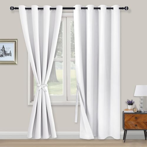 XWZO Blackout Curtains Shades Window Curtain Panels with Tiebacks- Noise Reduction and Thermal Insulated Eyelet Curtains for Bedroom,Living Room,Office,Study Room Greyish White W52xL84