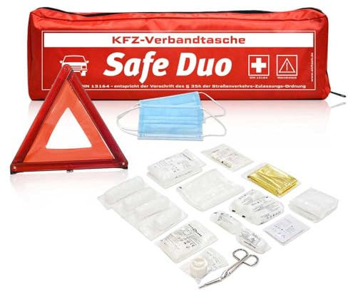 Kombitasche 2in1 Kfz-Verbandstasche Safe Duo rot | Verbandstoffe neueste Norm 13164:2022-02 | Euro Warndreieck | Verbandskasten für Auto