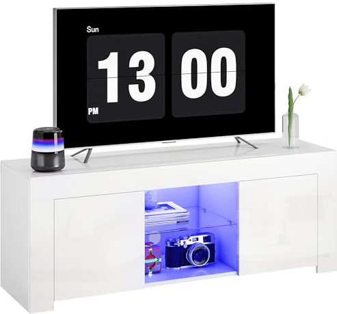 HOMCOM TV Schrank TV Board mit LED 16 Farbige Leuchte, Hochglanz TV Lowboard für Fernseher bis zu 55 Zoll mit 2 Türen, Glasregal, Kabelmanagement Fernsehtisch für Wohnzimmer Weiß 120x34x45cm
