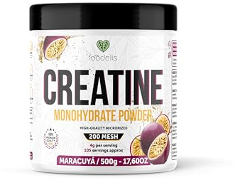 Foodelis Mikroniserat Kreatinmonohydrat i Pulver 500 g, 125 Portioner | 100% Kreatinmonohydrat | Passionsfrukt | Hög Löslighet, Doseringsskopa Ingår