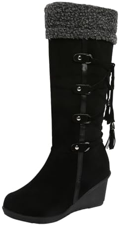 Bottes Femme en Daim Talon Compensé Bout Rond Rétro Bottes Hautes Lacets Grande Taille Confort Semelle Antidérapant Automne Et Hiver 35