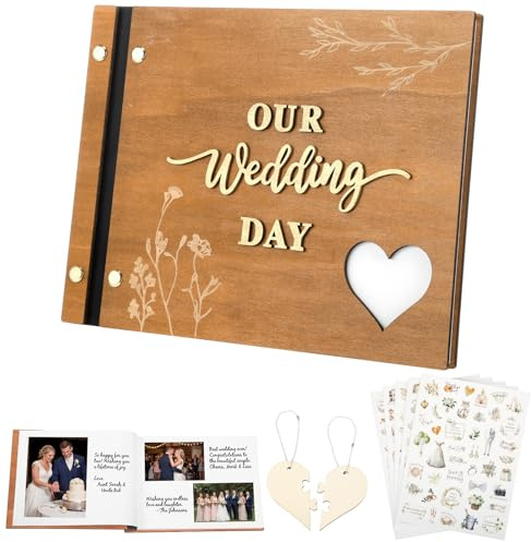 Resurhang Rustic Wooden Wedding Guest Book Memory Book for Wedding Wooden Cover Photo Scrapbook Rustic Keepsake Guestbook with Stickers for Reception Anniversary Bridal Shower Engagement Supplies
