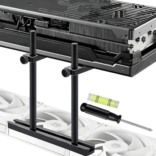 Supporto per Scheda Grafica, Doppio Supporto e Ventola, Regolabile in Altezza 10-120 mm, Supporto GPU in Alluminio per ATX/MATX/ITX, Plug and Play, Ideale per Montaggio GPU Verticali (Doppia Asta)