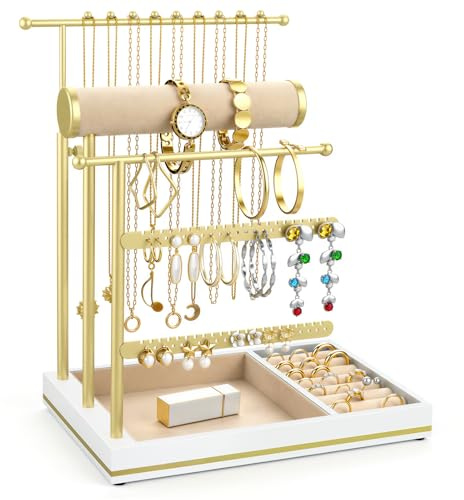 Emibele Sostenedor Collares Organizador Joyero Soporte Con Bandeja Terciopelo Organizador Joyero Torre Para Pendientes Brazaletes Y Collares Elegante Torre Joyero Regalos Para Mujeres, Blanco & Oro