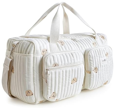 Peelanmall Stor skötväska, klinikväska, födsel 48 × 22 × 26 cm – babyväska i bomull med broderi, mammaväska för sjukhus, födelse, resor och barnvagn, vikbar babyväska med stort förvaringsutrymme