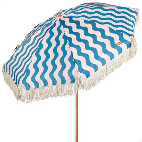 AKTIVE Sombrilla de Playa, Mide D200 cm, Estilo Retro Flecos, 8 Varillas, Protección UV50, Poliéster, Mástil Acero Efecto Madera 28/32 mm, Incluye Funda de Transporte con asa de Hombro (62479)