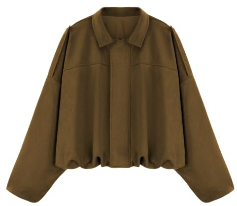 WERFORU Veste Blouson Aviateur Courte en Simili-Daim pour Femme,Veste Pilote Décontractée Coupe Oversize,Manches Longues Chauve-Souris,Zippé