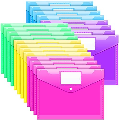 Sooez 20 Pack Folders Plastic Envelopes, Clear Plastic File Folder for Document, Letter A4 Size Poly File Envelopes with Label Pocket, Snap Button for Home Work Office Organizer, 5 Colors