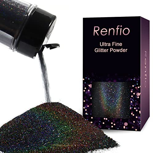 Renfio Polvere glitter olografica ultra fine in resina metallizzata, 60 g, fiocchi di PET per artigianato, paillettes, 0,2 mm, chip epossidici per bicchieri e slime, nero laser