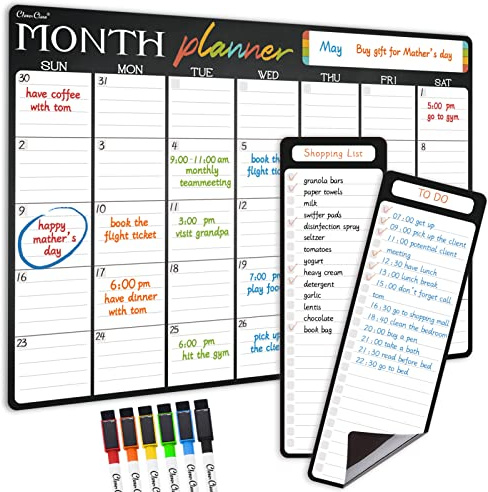 Magnetic Dry Erase Monthly Calendar - 17x12 Monthly Calendar for Fridge - 4x12 List Board 2 Pcs - 6 Extra Fine Point Markers Included - Shipped Flat