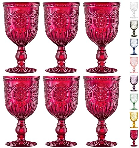 Yungala Red Goblets, Set of 6 Hand Crafted Red Colored Wine Glasses for lovers of red glassware, perfect for Valentines Day or Christmas Wine Glasses