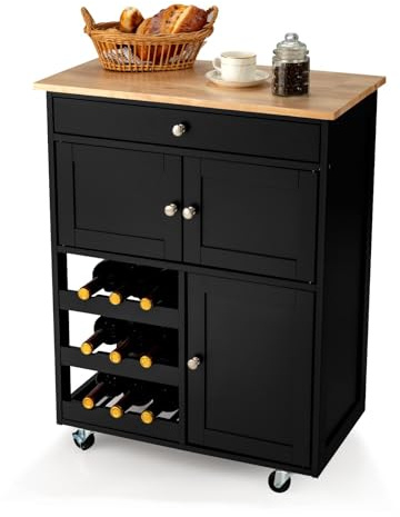 KOMFOTTEU Carrello da cucina in legno, carrello di servizio con ruote, mobile isola mobile con cassetto, portabottiglie a 3 livelli e 2 armadi, per sala da pranzo, bar, ristorante, 67 x 37 x 86 cm