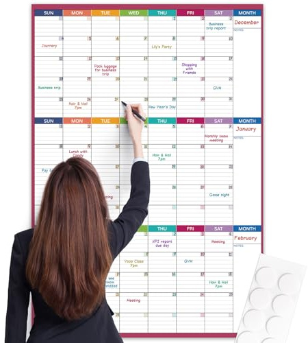 Large Dry Erase Calendar For Wall - Undated 3 Month Calendar, 28'' x 40'', Erasable & Reusable Laminated White Board With 8 Round Stickers, Vertical Layout For Home, Office And Classroom Use