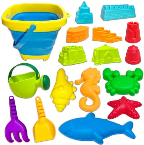 Sandspielzeug Set für Junge Mädchen, 17 Stück Strandspielzeug Kinder Beach Toy mit Sandeimer Faltbar, Wasserlebewesen Burg Sandförmchen und Sandschaufel für Baby ab 2 3 4 5 6 Jahre