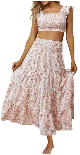 yiouyisheng Zweiteiler Damen Rock und Crop Top Set Sommer Outfits Damen 2 Teiler, Freizeitanzug Damen Bohemian Zweiteiliges kurzes Oberteil und Langer Rock Urlaub Strand Teenager Mädchen