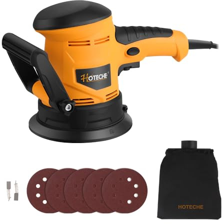 Hoteche 450 W 125 mm excenterslipmaskin, VD-kontakt, självsugfunktion, koppartrådmotor, 7 000 – 14 000 rpm, 5 sandpapper, dammpåse, gul/svart