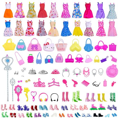 TYXHXTF 90Pcs Kleidung für Puppen, Kleidung Schmuck Zubehör, Mädchen Puppen 10 Fashion Kleider + 30 Schuhe+ 20 Tasche+ 30 Zubehör, für 11,5 Zoll Puppe