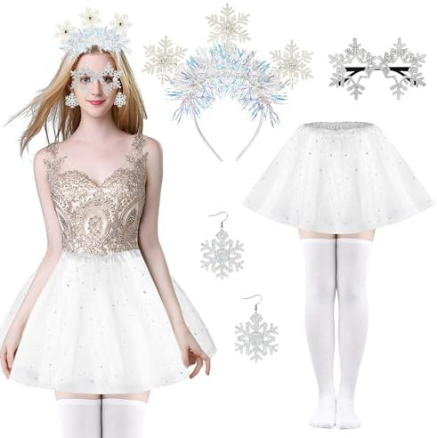 5STK Schneeflocken Kostüm Weihnachten Damen, Glitzer Schneeflocken Haarreif Weihnachtsbrillen Schneeflocken Ohrringe Tüllrock Weiß Kniestrümpfe, Frozen Kostüm Weihnachts Kostüm für Weihnachts Karneval