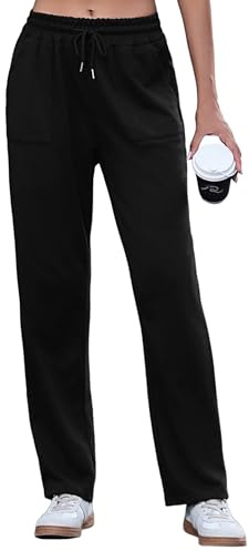 Uniexcosm Pantalón Deportivo Mujer Algodón Largos Pantalones de Chándal Mujer Casuales con Bolsillos Pantalones de Chándal con Cordón para Correr Fitness Jogging Negro S