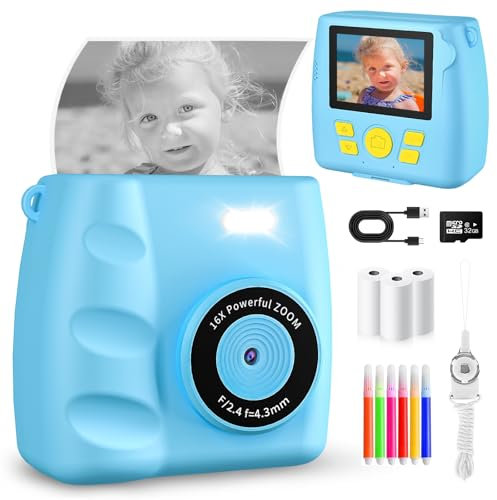 Instant Print Digital Camera for Kids - 1080P HD Video Toys With 32G SD Card, 3 Rolls Photo Paper, Perfect Christmas Birthday Gifts for Age 6-12 Boys Girls