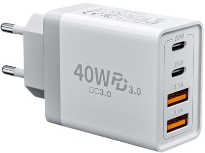 40W 4-Porto Caricatore USB C Rapido, Presa USB Caricabatterie Multipla PD & QC3.0 Carica Batterie Cellulare, Spina Alimentatore USB C per iPhone 16 15 14 13 12 11 Pro Max, Samsung Galaxy S21 A55