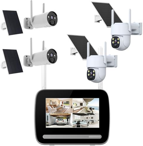 KYF Système de vidéosurveillance IP 4 canaux, écran Tactile 7’’ 4MP, 2 caméras Rechargeables Wi-FI 2K avec Panneaux solaires, intérieur/extérieur, Compatible iOS/Android