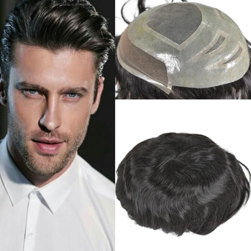 Voloria Durable Men's Hair System French Lace Front Fine Mono Human Hair Toupee 8x10 Inches Black