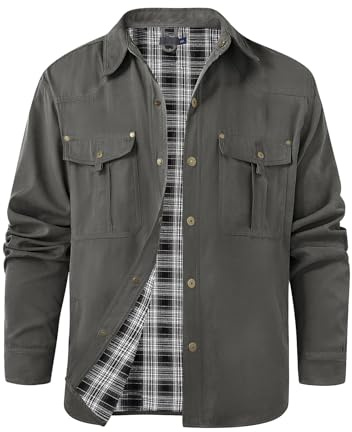 Voqeen övergångsjacka herr långärmad casual pläd skjortjacka knäppknapp rugged fältjacka utomhus flanellfoder jacka, Mörkgrå, M