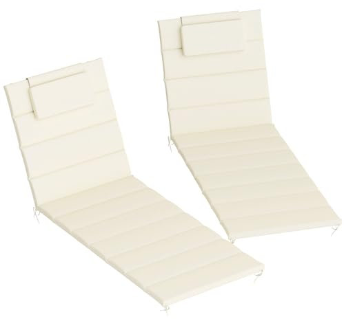 Outsunny Pack 2 Cojines para Tumbonas Plegables Colchonetas para Tumbonas de Jardín Exterior 203x66x3 cm con Reposacabezas y Correas de Sujeción Crema