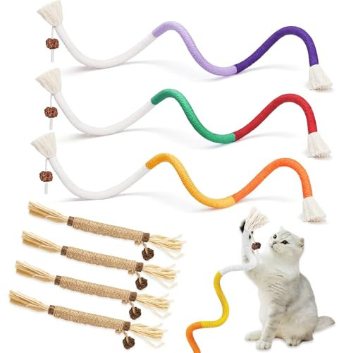 soodyoow 3 Stück Kauspielzeug Katze und 4 Katzenminze Stick, Katzenspielzeug, Beißseilen für Katzen, Katzenbeißseil, Katzenspielzeug Selbstbeschäftigung, Katzen Zahnpflege und Gegen Mundgeruch