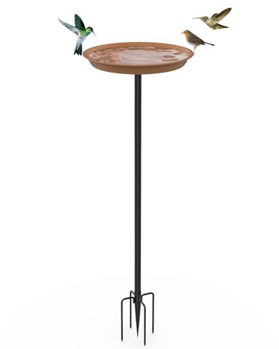 efuturetime Bain Oiseaux Grand Métal sur Pied φ 30 × 90 cm, Abreuvoir Oiseaux Exterieur avec Trous Mangeoire Oiseaux Plateau Réglable en Hauteur pour Jardin Balcon, Brun