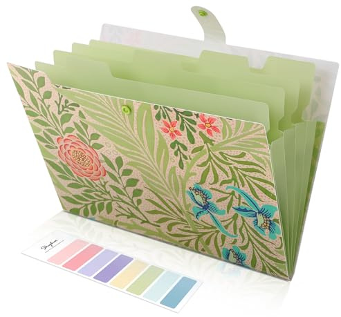 SKYDUE Expanding File Folder with 5 Pockets, Accordion File Organizer, Portable Receipt Paper Documents Organizer, Letter Size Filing Folder School Office Supplies, Green