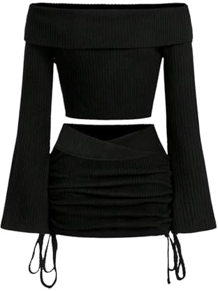 WDIRARA Women's 2 Piece Mini Skirt Set Off Shoulder Long Bell Sleeve Drawstring Outfits Black Large