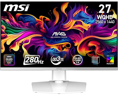 MSI MAG 272QPW QD-OLED X28 27 WQHD, Moniteur de Jeu, Panneau OLED Quantum Dot 2560 x 1440, 280 Hz, 0,03 ms, DisplayHDR True Black 400, HDMI 2.1, DP 1.4a, USB C (15 WPD), Blanc