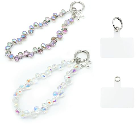 VOSSOT 2PCS Cordino da Polso per Cellulare Corto Universale, Cinturino da Polso Trasparente + Lilla con Clip, Accessorio Elegante Multifunzione per Smartphone, Borse, Chiavi, Ragazze e Donne Regalo