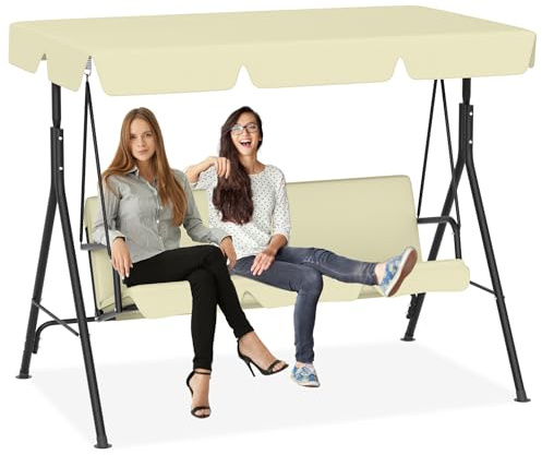 PEILU 193x110x152cm Hollywoodschaukeln mit Sonnendach & Sitzauflage & Stahl Rahmen, 3-Sitzer Garten Schaukelbank belast bis 200KG, Schaukelbank Gartenliege für Outdoor & Indoor (Beige)