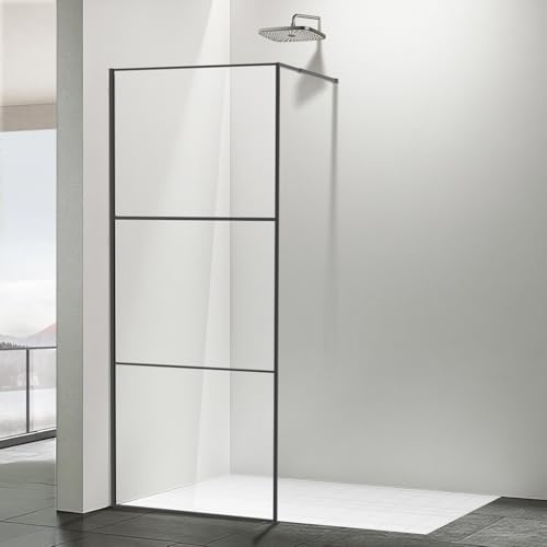 Monucep Walk-in Duschvägg på 80 x 200 cm, svart, duschvägg av glas med 5 mm ESG-säkerhetsglas, tredelat ramdesign, aluminiumram, duschavskiljare för fristående dusch och duschkada