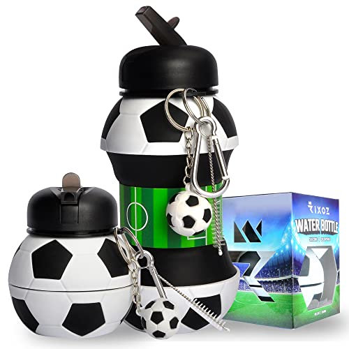 RIXOZ Football Collapsible Water Bottle - 550ml Silicone Bottle With Football, Footi Boot Keyring & Carry Strap