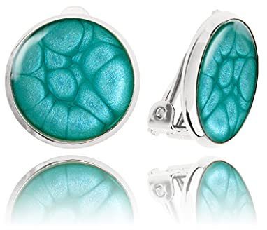 Pendientes de Clip - Orejas No Perforadas Confortable Elegantes Clásico Pequeño Redondo; Joyería para Mujer (Estilo 23 - Pintado Turquesa Plata)