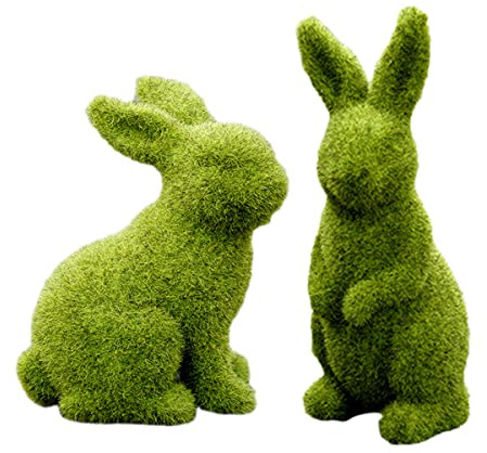Glistenovelty Coniglietto di muschio pasquale imitazione muschio coniglio statua artificiale muschio erba coniglio pasquale vacanza primavera decorazione per giardino cortile (2 pezzi, medio)