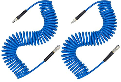 YOTOO 2 Pcs Air Compressor Hose Polyurethane Recoil 10m Long 6mm ID x 9.5mm OD with Bend Restrictor, 1/4 Europe Quick Coupler and Plug, Blue