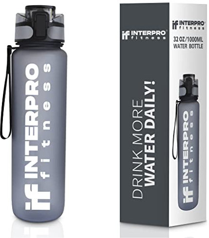 Interpro Fitness Water Bottle with Measurement Scale - 1L BPA-Free Tritan Plastic, Leakproof Gym Bottle with Flip Top Lid & Fruit Infuser Strainer - Ideal for Gym, Yoga, Running & Outdoor Adventures