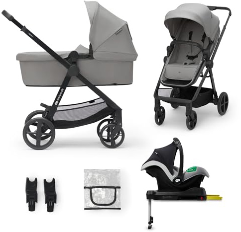 Kinderkraft NEWLY Kinderwagen 4 in 1, Komplettset bis 22 kg, Leicht Kombikinderwagen mit Babyschale Regenschutz Fußsack, wasserfestes Verdeck mit UPF50+, Zusammenklappen, Liegeposition, Schwarz