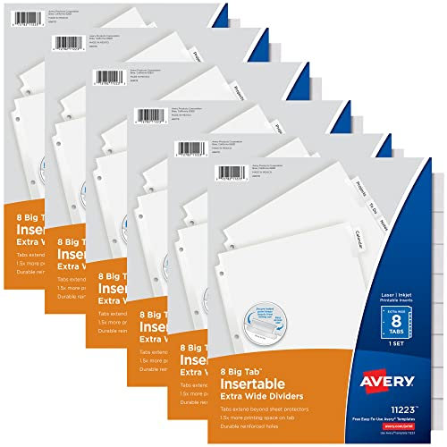 Avery Big Tab Insertable Extra Wide Dividers for 3 Ring Binders, 8-Tab Sets, Clear Tabs, 6 Sets (21940)