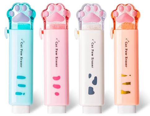 PANDENNER Retractable Pencil Eraser, Cute Erasers,Cat Paw Eraser,Suitable for School Home Office Supplies, 4Pcs (Eraser-BLFC)