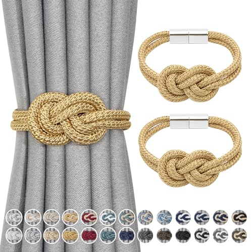 NICEEC 2 Pack Mini Magnetic Curtain Tiebacks Nordic Simple Style Drape Tie Backs Elegant Hand Weave Rope Knot Decorative Curtain Holdbacks for Home & Office Thin Window Drapery (Gold)